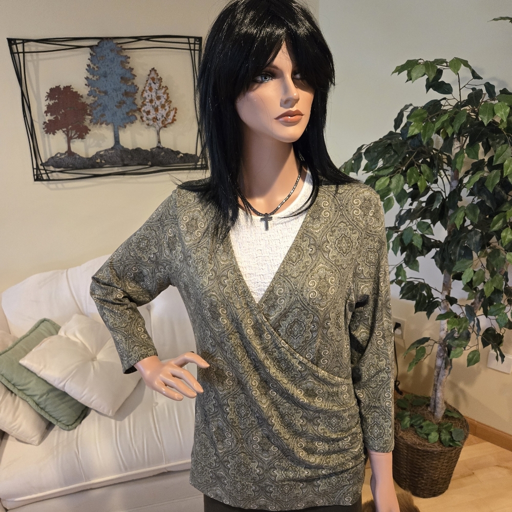 Ann Taylor, Green Print Wrap Front Blouse, Spandex, Size Large
